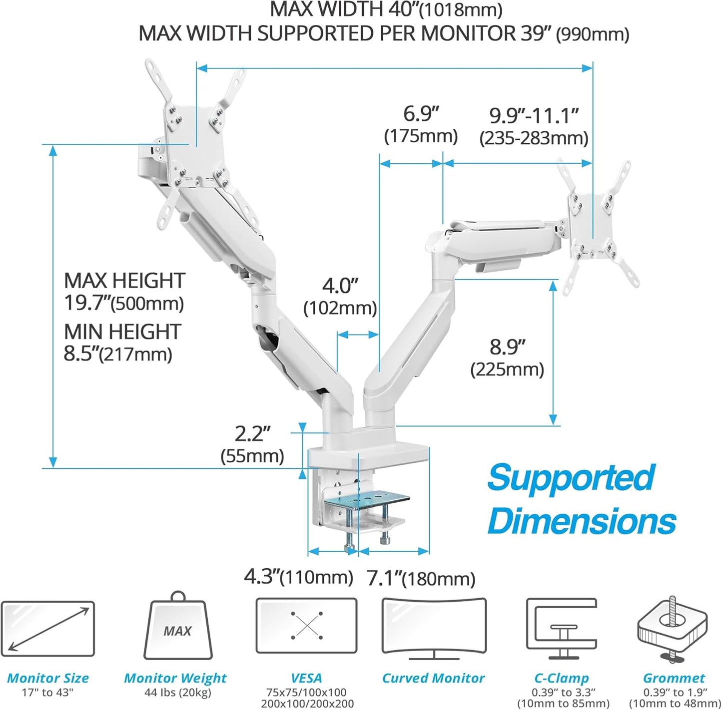 AVLT RGB Lights Dual 17”-43” Gaming Monitor Arm Desk Mount, Fits Two Flat/Curved/Ultrawide Screen up to 44lbs(20kg), Height Swivel Tilt Adjustable Stand – White