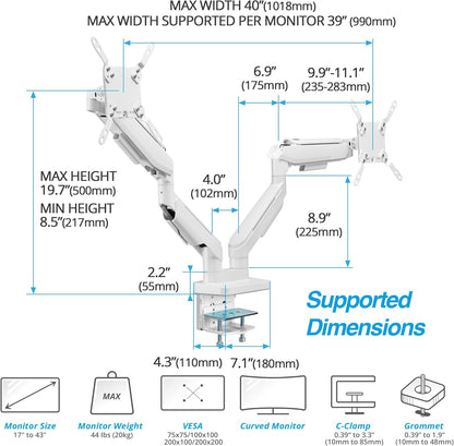 AVLT RGB Lights Dual 17”-43” Gaming Monitor Arm Desk Mount, Fits Two Flat/Curved/Ultrawide Screen up to 44lbs(20kg), Height Swivel Tilt Adjustable Stand – White