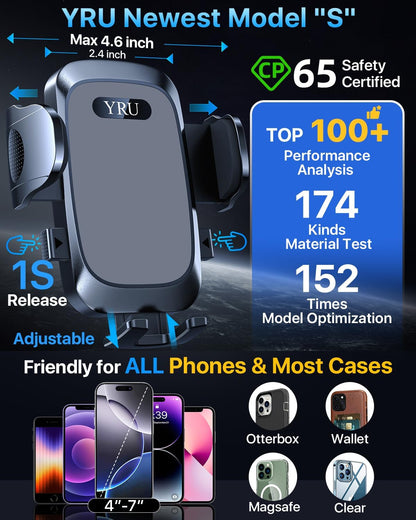 YRU [2025 Ultimate Car Phone Holder Mount [Bendable & Adjustable Aluminum Arm] Cell Phone Holder for Car Dashboard Windshield Phone Stand for iPhone16 15 14 13 Pro Max Samsung Pickup Truck,Dark Silver