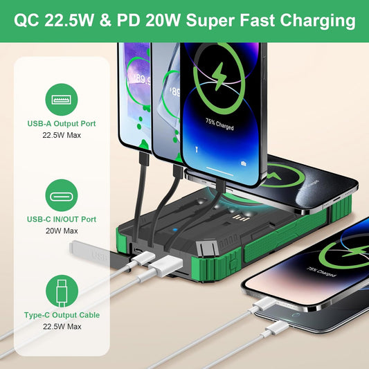 Solar Charger Power Bank 49800mAh Wireless Portable Phone Charger, 22.5W QC3.0 Fast Charging Built in 4 Cables with USB C 6 Outputs & 2 Inputs for Cell Phone