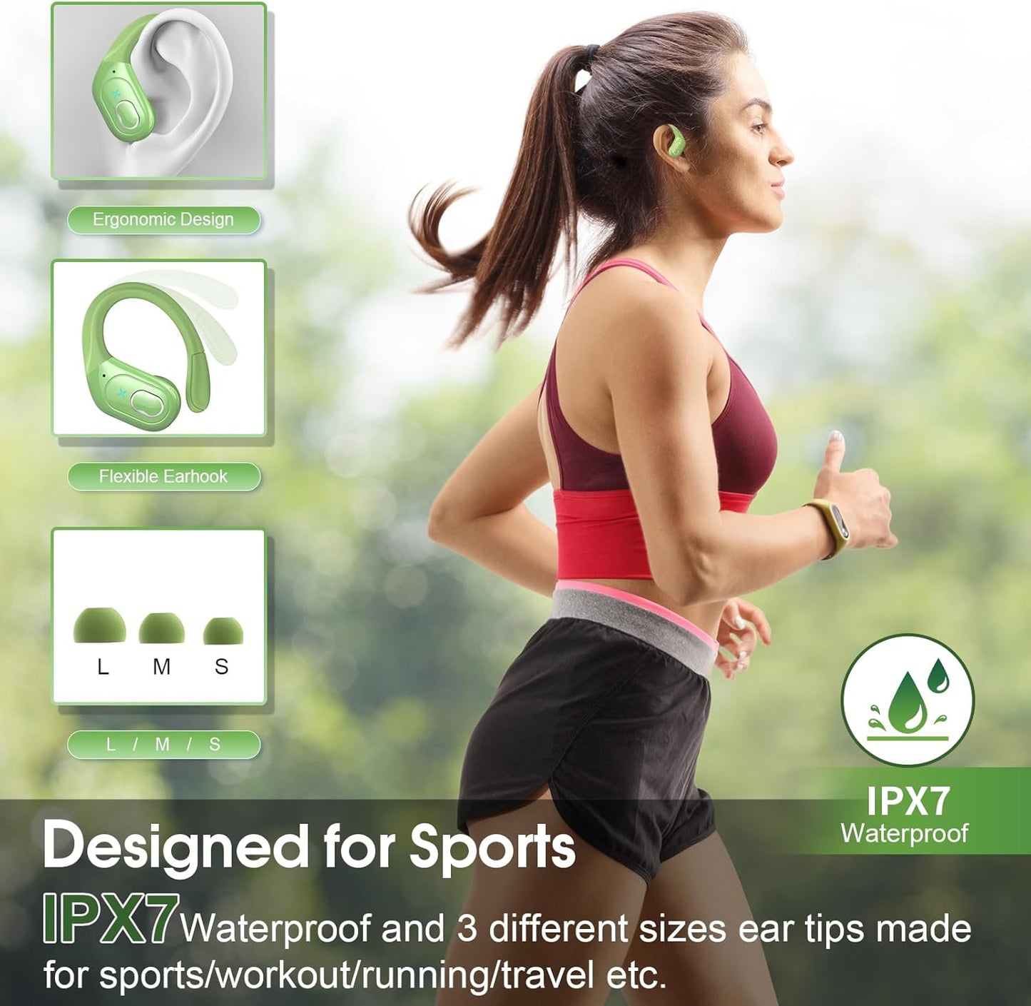 Wireless Earbuds 75hrs Bluetooth 5.4 Headphone Sport, 2025 Bluetooth Earbuds Stereo Deep Bass Over Ear Bud with Earhooks, ENC Noise Cancelling Mic, IPX7 Waterproof Earphone, Green