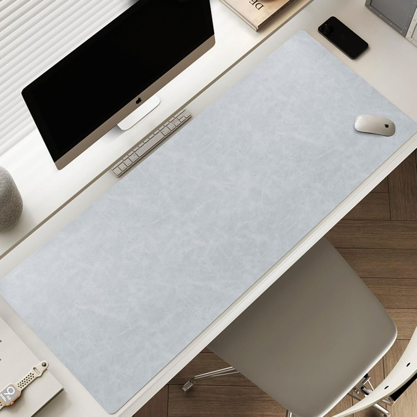 Leather Desk pad for Computer and laptops, Ideal for Gaming and Office use, Large Mouse pad and Keyboard mat,Desk mat for Man. A complimentary Wrist pad and Phone Stand.(Gray-White, 17.7" x 39.37)