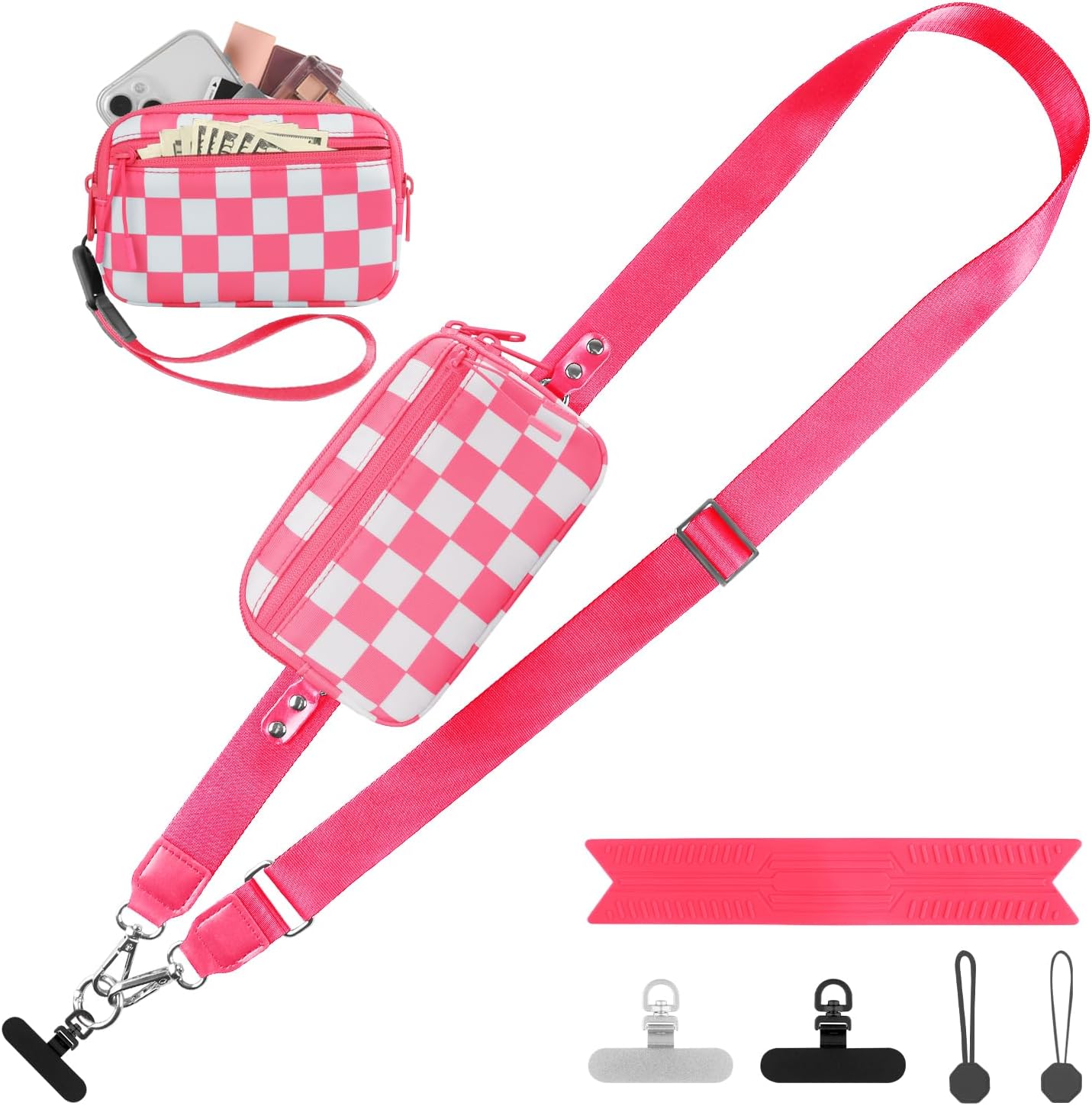 Clip and Go Strap for Phone with Wallet Crossbody, Adjustable Phone Lanyard with Detachable RFID Wristlet Wallet, Phone Strap with Phone Tabs for All Phones, Pink Checkered (M)