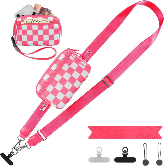 Clip and Go Strap for Phone with Wallet Crossbody, Adjustable Phone Lanyard with Detachable RFID Wristlet Wallet, Phone Strap with Phone Tabs for All Phones, Pink Checkered (M)