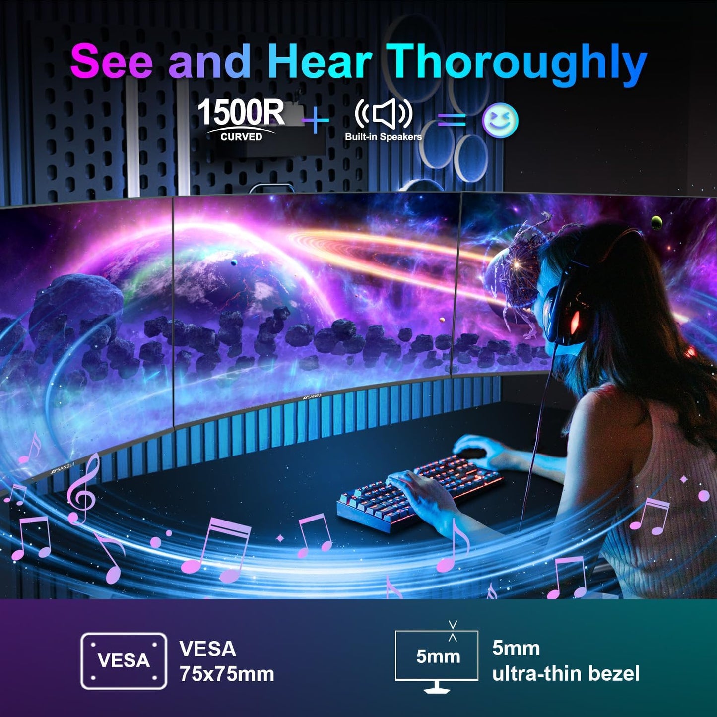 SANSUI Curved Monitor 24 inch 100Hz USB Type-C Computer Monitor with Built-in Speakers- MPRT 1ms,Adaptive Sync,HDR,1500R,VESA 75x75mm Compatible, for Home and Office(ES-24C1)