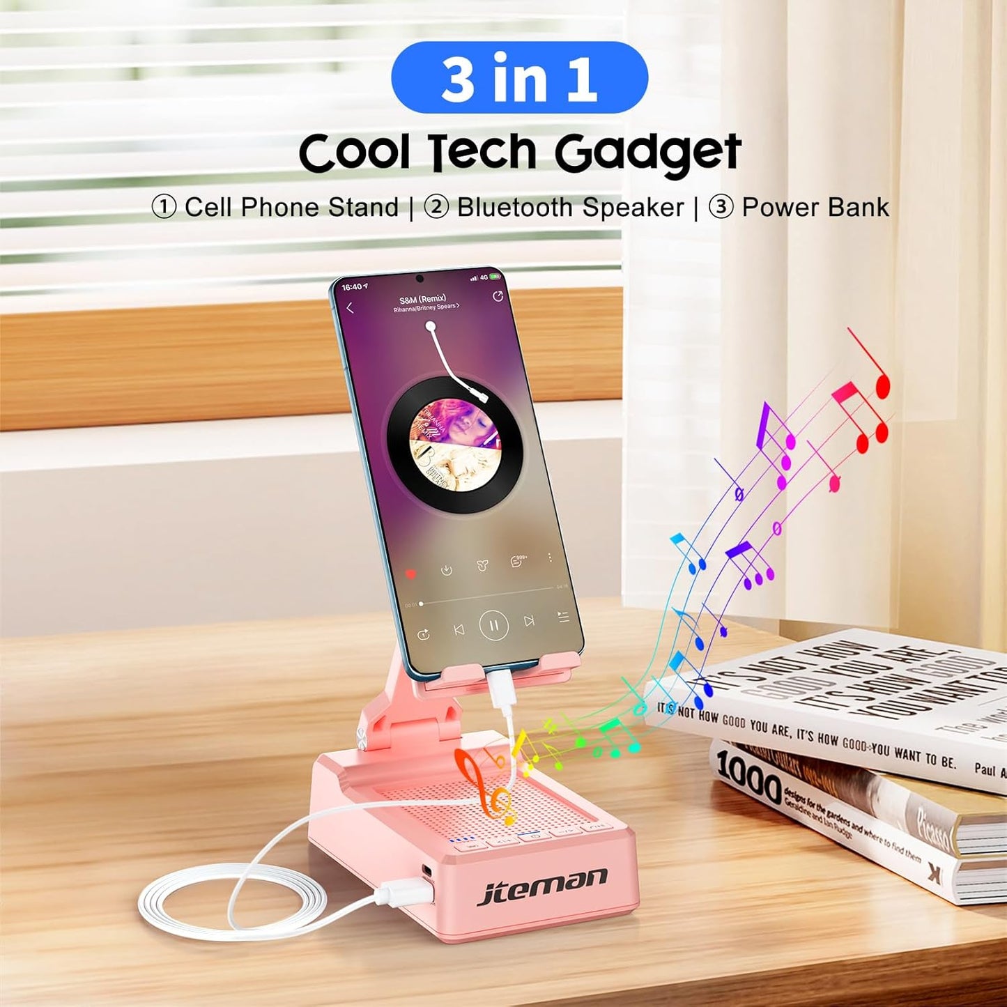 JTEMAN Gifts for Men Women,Cell Phone Stand with Bluetooth Speaker,Cool Tech Gadgets,Unique Birthday Gifts for Men Husband Mom Dad-Pink