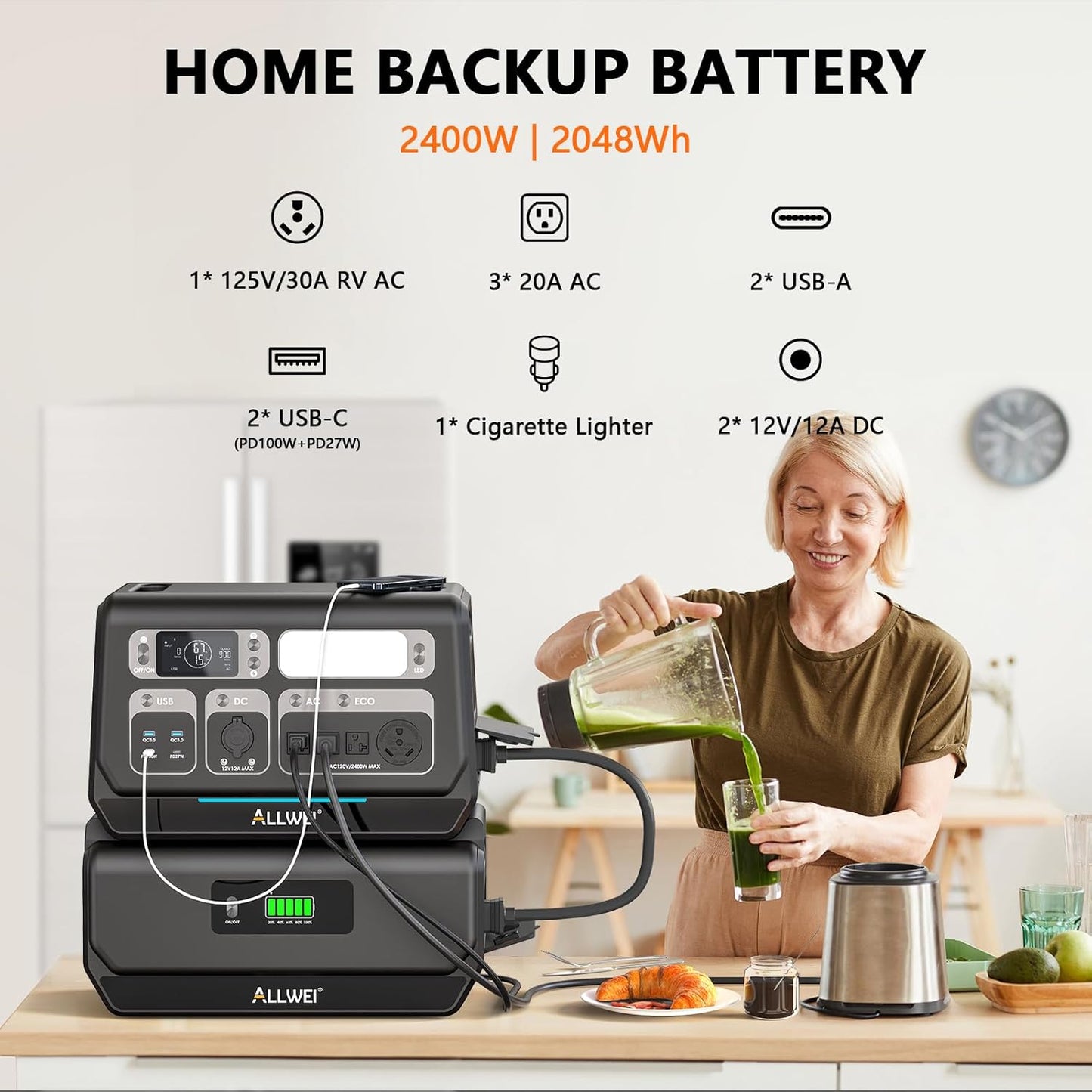 ALLWEI 2400W Portable Power Station and B200 PRO Expansion Battery, 4096Wh LiFePO4 Battery 4 AC Outlets Up to 2400W for Home, Outdoor Camping, RV, With 1500W AC Charging &1200W Solar Charging