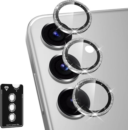 for Samsung Galaxy S24 FE Camera Lens Protector, Individual Metal Ring Tempered Glass Lens Cover, [Strong Adsorption] Scratch Resistant Ultra-Thin HD Clear Lens Cover, 1 Set-Silvery Sparkly