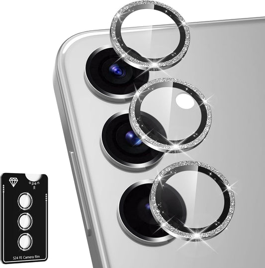 for Samsung Galaxy S24 FE Camera Lens Protector, Individual Metal Ring Tempered Glass Lens Cover, [Strong Adsorption] Scratch Resistant Ultra-Thin HD Clear Lens Cover, 1 Set-Silvery Sparkly