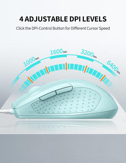 TECKNET Wired Mouse, 6-Button Corded with 4 Adjustable DPI, Ergonomic Optical Mouse, 5FT Cord for Laptop, Chromebook, PC, Desktop, Mac, Notebook - LT.Green