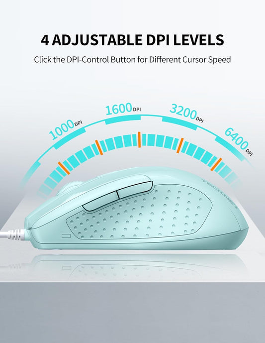 TECKNET Wired Mouse, 6-Button Corded with 4 Adjustable DPI, Ergonomic Optical Mouse, 5FT Cord for Laptop, Chromebook, PC, Desktop, Mac, Notebook - LT.Green