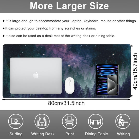 Mouse Pad, Large Galaxy Space Forest Desk Mat, Extended Non-Slip Gaming Keyboard Mousepad Desk Pad, Thick Stitched Edges Waterproof Mouse Mat 31.5"x15.7" (Night Sky Forest)