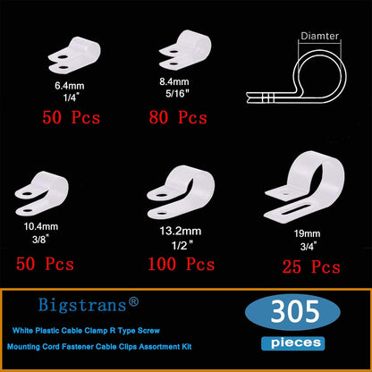 Bigtrans 305 Pcs Nylon Plastic R-Type Wire Clips 1/4" 5/16" 3/8" 1/2" 3/4" Clamps Fasteners Assortment for Cable Conduit -5 Size -White