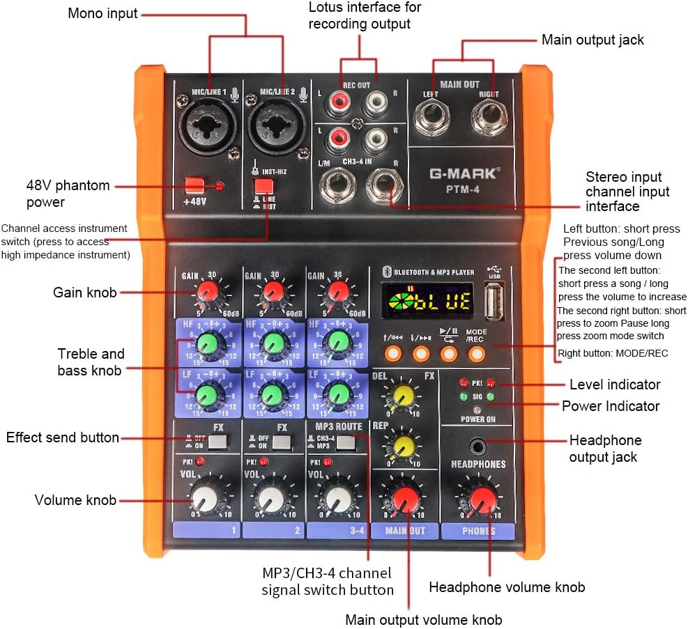 G-MARK Analog Mixer Audio 4 Channel DJ Audio Mixer Bluetooth Studio Karaoke For PC Live Performance KTV Home Stage Music Effects Sound Card Protable Mixing Console