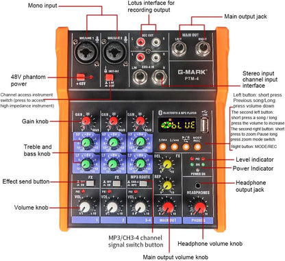 G-MARK Analog Mixer Audio 4 Channel DJ Audio Mixer Bluetooth Studio Karaoke For PC Live Performance KTV Home Stage Music Effects Sound Card Protable Mixing Console