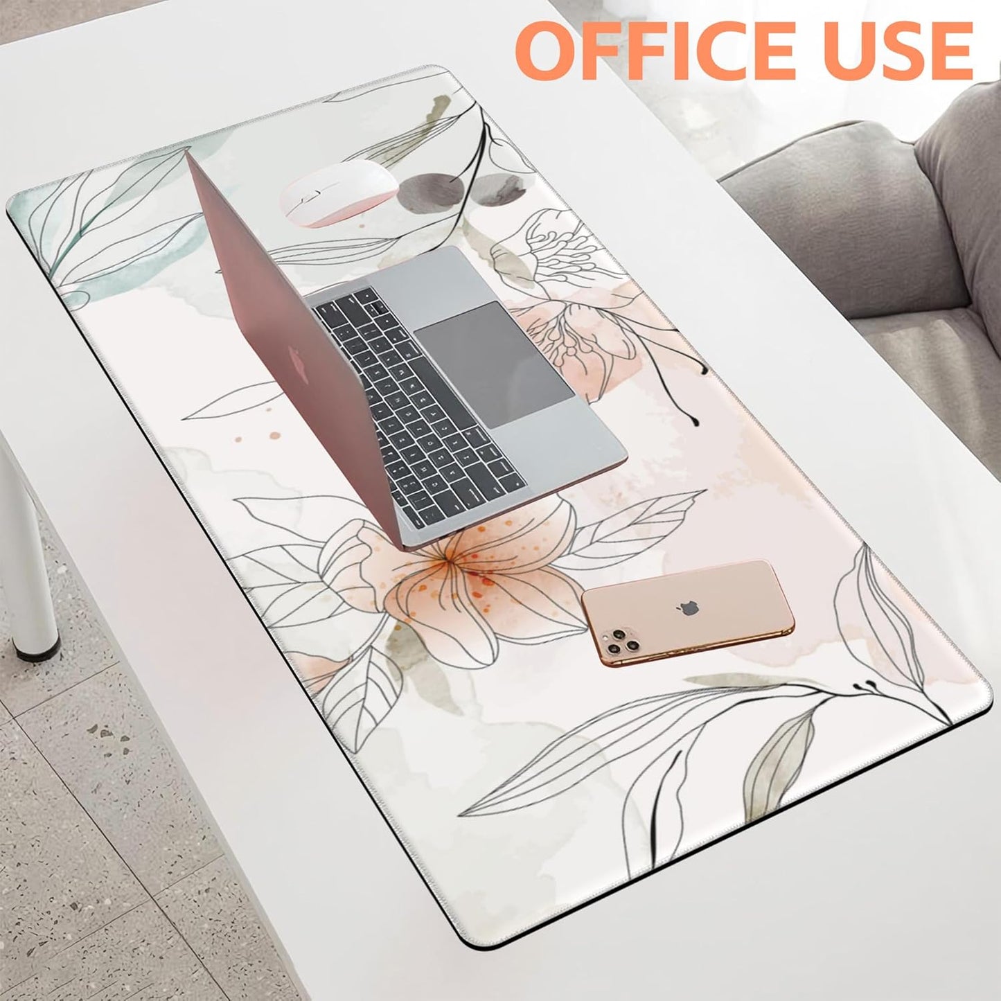 Mouse Pad Large Flowers Watercolor Texture Non-Slip Gaming Desk Mat with Stitched Edge Laptop Keyboard Desk Pad for Work Home Gaming (35.4 x 15.7 Inches)
