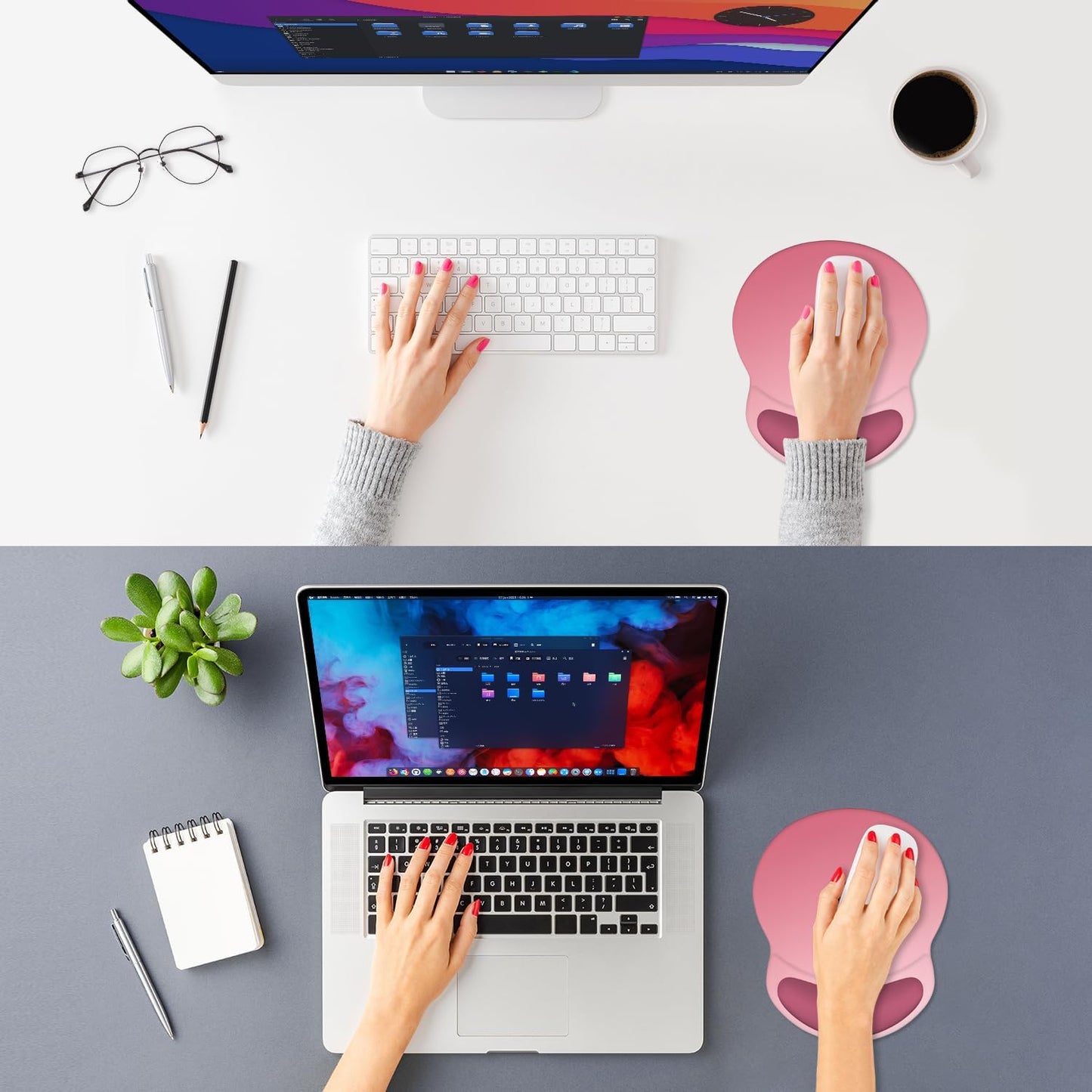 ITNRSIIET Ergonomic Mouse Pad with Comfort Gel Wrist Rest, Non-Slip PU Base, Smooth Textured Surface, Reduces Hand Fatigue & Wrist Pain, 8.7 x 7.2 Inch for Office Gaming Home, Pink Ombre