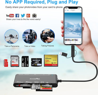 USB C Lightning USB3.0 Multi Card Reader for SD CF XD MS Micro SD TF, 7 in 1 Memory Card Reader Adapter Hub for iPhone/iPad/MacBook/Samsung, for Windows, Mac OS, iOS, Linux, Android