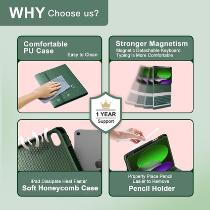 NOKBABO for iPad 11th 10th Generation Case with Keyboard, Magnetic Wireless Detachable Folio case with Pencil Holder, Keyboard for ipad 11th(A16,2025) & iPad 10th Generation(2022) - Midnight Green