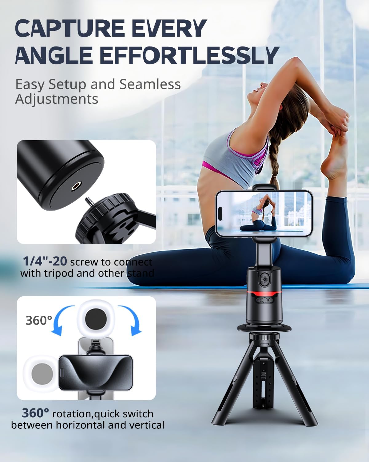 UBeesize Auto Face Tracking Tripod with Adjustable Desk Tripod, 360° Rotating vlogging kit for iPhone with Remote & Gesture Control, Rechargeable Selfie Fill Light, No App Required