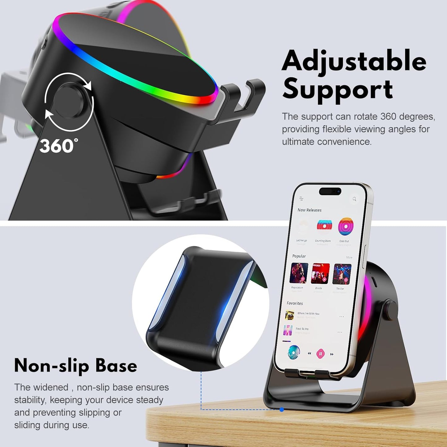 Wireless Induction Speaker- 4 in1 Bluetooth Speaker Phone Stand with Colorful Ambient Light 360° Rotation Compatible with iPhone/Android/iPad/Samsung Galaxy- Unique Birthday Gift for Men Women Adults
