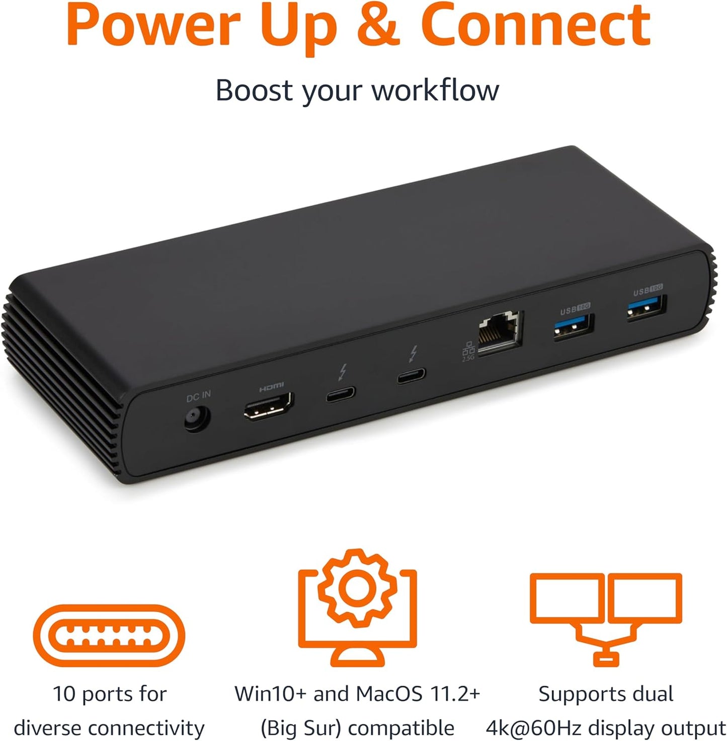 Amazon Basics Thunderbolt4/USB4 Pro Docking Station,2xTBT4,1xHDMI2.1,3xUSB A 3.1,RJ45,Dual Display, Black, 7.86 x 2.95 x 1.23 inches