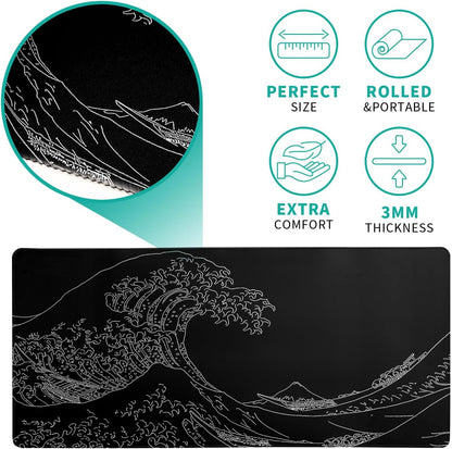 Japanese Sea Wave Large Mouse Pad Abstract Black Mouse Pad 31.5x11.8 Inch Black Kanagawa Texture Non-Slip Rubber Base Large Ocean Mousepad Stitched Edge Keyboard Mouse Mat Desk Pad for Office and Home