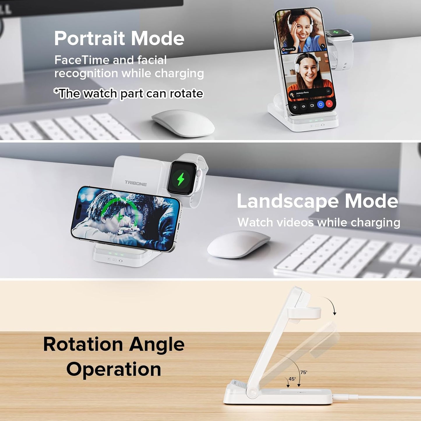 Wireless Charger, Tribone 3 in 1 Foldable Fast Charger for iPhone 17 16 15 14 13 12 11 Pro Max XR XS 8 Plus, for Apple Watch 11 10 9 8 7 6 5 4 3 2 SE Ultra,for AirPods Pro 4 3 2 (White)