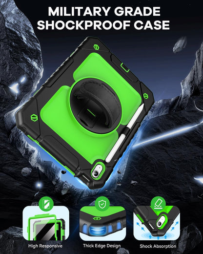 Cantis Case for iPad 11-inch (A16) 2025/ iPad 10th Generation 2022 (10.9 inch) with Screen Protector, iPad 11th Case with 360 Degree Rotating Stand/Shoulder Strap/Pencil Holder, Black+Green