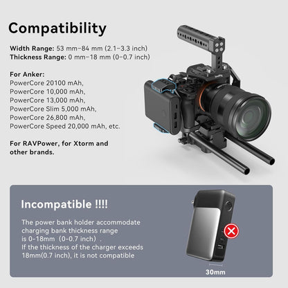 SmallRig Aluminum Power Bank Holder, Powerbank Mount Clamp Compatible with Width Range: 53 mm–84 mm (2.1–3.3 inches) and Thickness Range: 0 mm–18 mm (0–0.7 inch) Power Banks - BUB2336