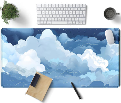 Aesthetic Blue and White Puffy Clouds Desk Mat, XXL Large Kawaii Blue Extended Gaming Mouse Pad with Stitched Edges, Cute Big Laptop Keyboard and Mouse Mat for Women Office Decor Mat 31.5x15.7 in