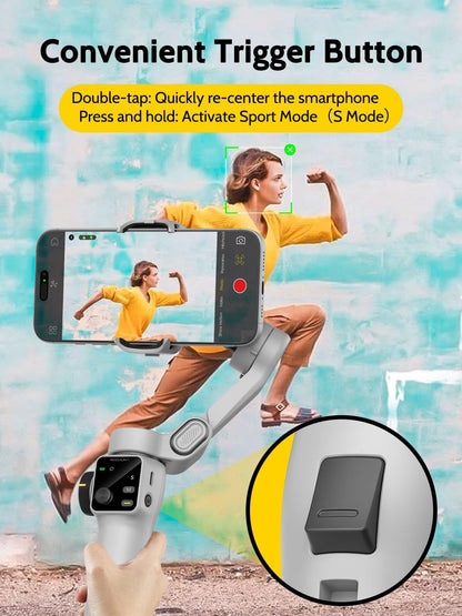 Cellphone Gimbal for Video Recording w/AI Tracking,3 -axis Vlogging Gimbal stabilizer for iPhone w/OLED Display, Smartphone Holder w/7.8' Extension Rod, Trigger Button Smart V8(White)