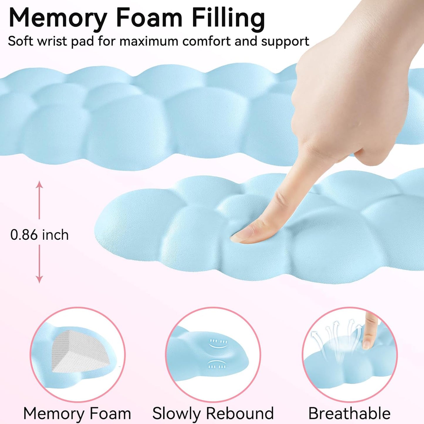 Cloud Wrist Rest for Computer Keyboard, 4-in-1 Memory Foam Leather Cloud Keyboard Wrist Rest and Mouse Pad Set with Ergonomic Support for Arm and Palm Cushion, Gaming/Work Setup, Blue