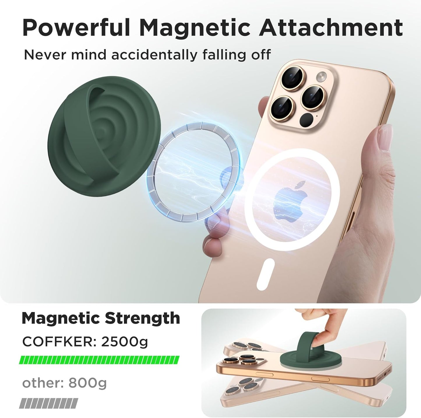 Magnetic Phone Ring Grip Holder, Silicone Finger Loop Grip, Compatible with MasSafe, Back of Phone for iPhone Pro Max/Plus/16/15/15/14/13/12 Series, Alpine Green