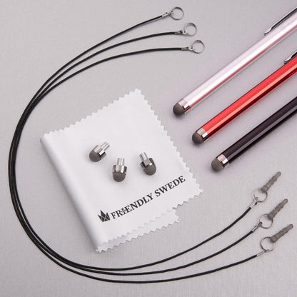 The Friendly Swede Mesh Tip Stylus Pen for Touchscreen — 3-Pack Micro-Knit Capacitive Stylus Pen for iPad & iPhone with 3 Replaceable Fiber Tips, Elastic Lanyards & Screen Cleaning Cloth