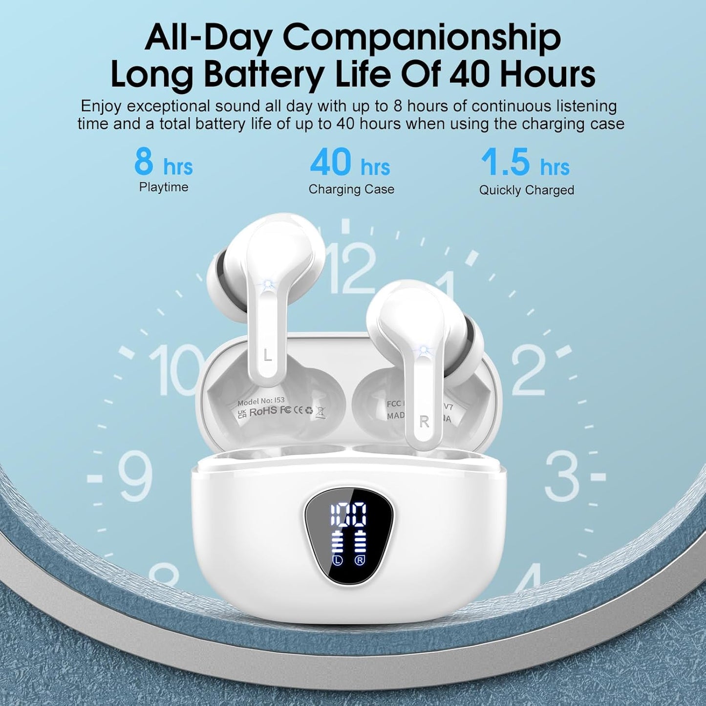 Wireless Earbuds, Bluetooth 5.4 Headphones HiFi Stereo, Bluetooth Earbuds with ENC Noise Cancelling Mic, IP7 Waterproof in Ear Earphones, 48H, LED Display Ear buds for Pad Workout Sports, White Purple