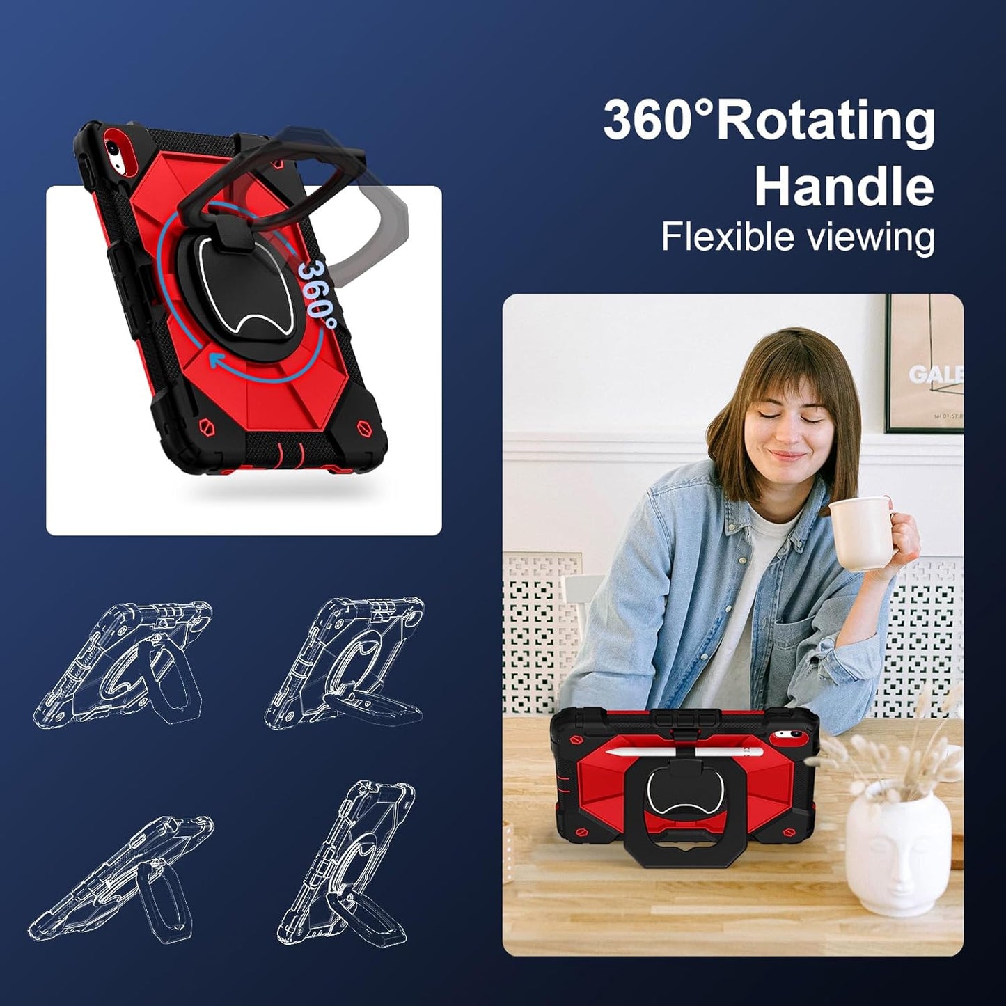 Case for iPad 10th Generation 10.9 Inch (2022), iPad (A16) 11th Generation 11 Inch (2025), Rugged i Pad Case 10th Gen with 360°Rotating Stand Screen Protector Pen Holder Shoulder Strap, Red