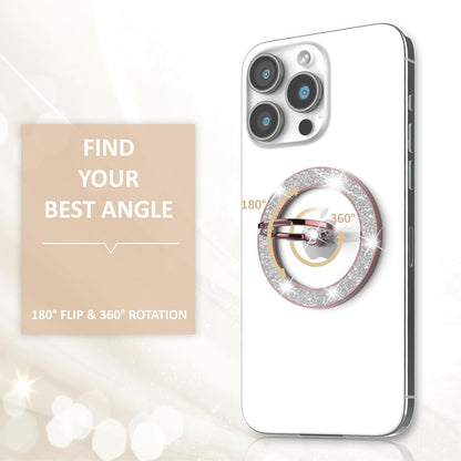 Magnetic Phone Ring Holder for MagSafe, Magnetic Phone Grip for iPhone, Compatible with iPhone MagSafe Wireless Charging. (Glitter Rose Gold)