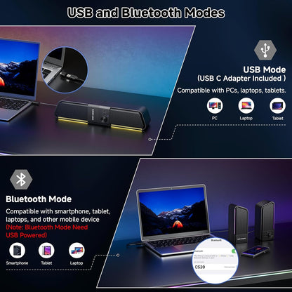 SENZER CS20 2 in 1 Bluetooth Computer Speakers for Desktop, USB Plug & Play Clear Sound PC Speakers with RGB Light, Monitor Sound Bar with Volume Knob, Gaming Speaker for PC Laptop Phone Tablet