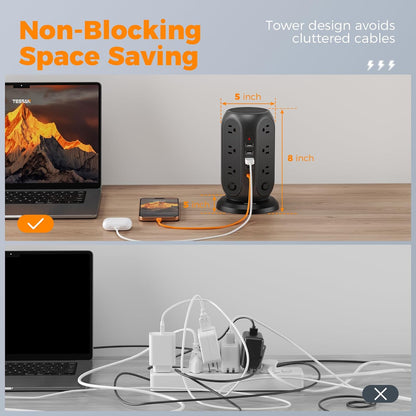 Black Surge Protector Power Strip with 4 Individual Switches, TESSAN USB C Charging Station Power Tower with Flat Extension Cord 10 Ft, 12 Outlets Black Extension Cord, Dorm Room, Office Accessories