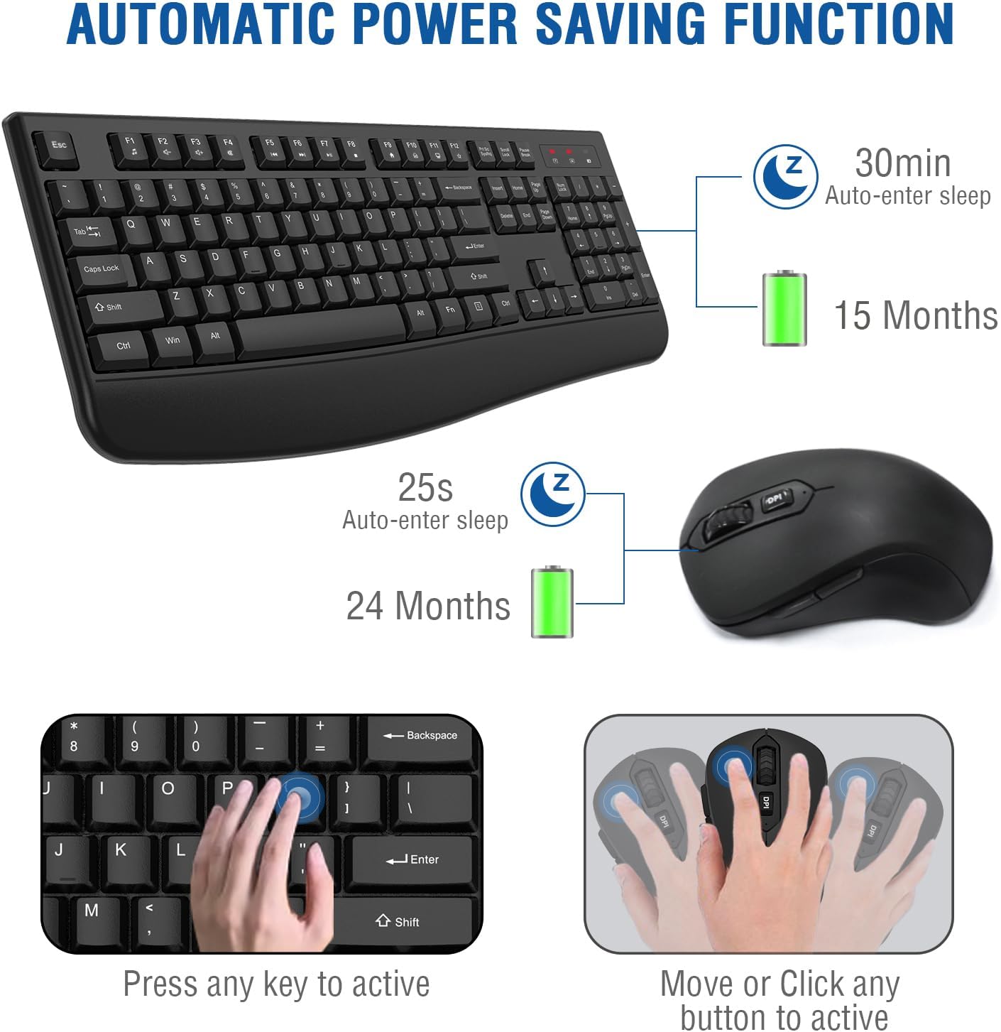 Wireless Keyboard and Mouse Combo, EDJO 2.4G Full-Sized Ergonomic Computer Keyboard with Wrist Rest and 3 Level DPI Adjustable Wireless Mouse for Windows, Mac OS Desktop/Laptop/PC