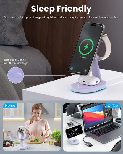 3 in 1 Wireless Charger Charging Station for iPhone,Qi2 Certified 15W Magnetic Charging Stand for Mag-Safe with 30W USB C Adapter&Friendly Night Light for iPhone 16/15/14/13/12,Apple Watch,AirPods