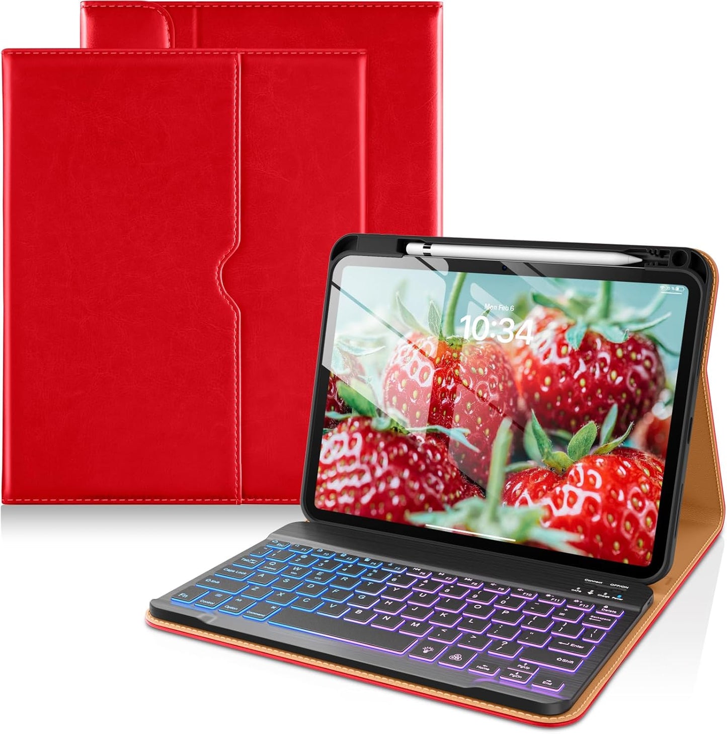DTTO for iPad 11th (A16)/ 10th Generation Case with Keyboard (2025/2022), 7 Colors Backlit Wireless Detachable Keyboard Leather Folio Cover with Pencil Holder & Pocket, Bright Red