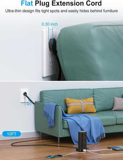 Power Strip Tower with Multiple Outlets, Flat Plug Surge Protector Tower Extension Cord with 12 AC Outlets 4 USB Ports (2 USB C), 10FT Cord Power Tower Surge Protector for Home Office Dorm Room, Black