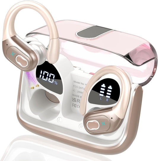 Wireless Earbuds 75hrs Bluetooth 5.4 Headphone Sport, 2025 Bluetooth Earbuds Stereo Deep Bass Over Ear Bud with Earhooks, ENC Noise Cancelling Mic, IPX7 Waterproof Earphone Rose Gold