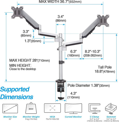 AVLT Dual 17"-32" Stacked Monitor Arm Desk Mount for 2 Flat or Curved Screens, Full Motion Height Adjustable with Swivel, Tilt, Rotation, Extra Tall, VESA, C-Clamp or Grommet Base