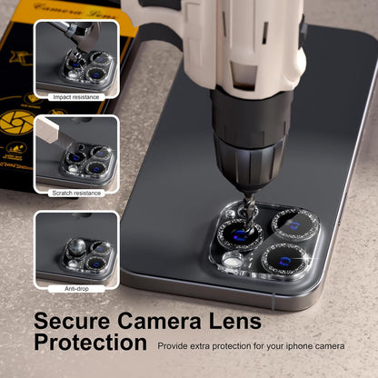 beuxece for 6 Pack iPhone 15 Pro/iPhone 15 Pro Max Camera Lens Protector [Drop Protection] [Case Friendly] [Easy Installation] 9H Tempered Glass Camera Screen Protector Cover, Glitter Black