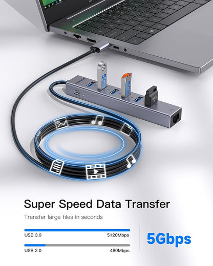 7 Port USB Hub USB Ethernet HUB with 3.9ft Long Cable for Laptop, USB Splitter with Gigabit Ethernet Port and 5V/3A Power Port, MultiPort Aluminum Expander for Laptop, iMac, PC, Flash Drives