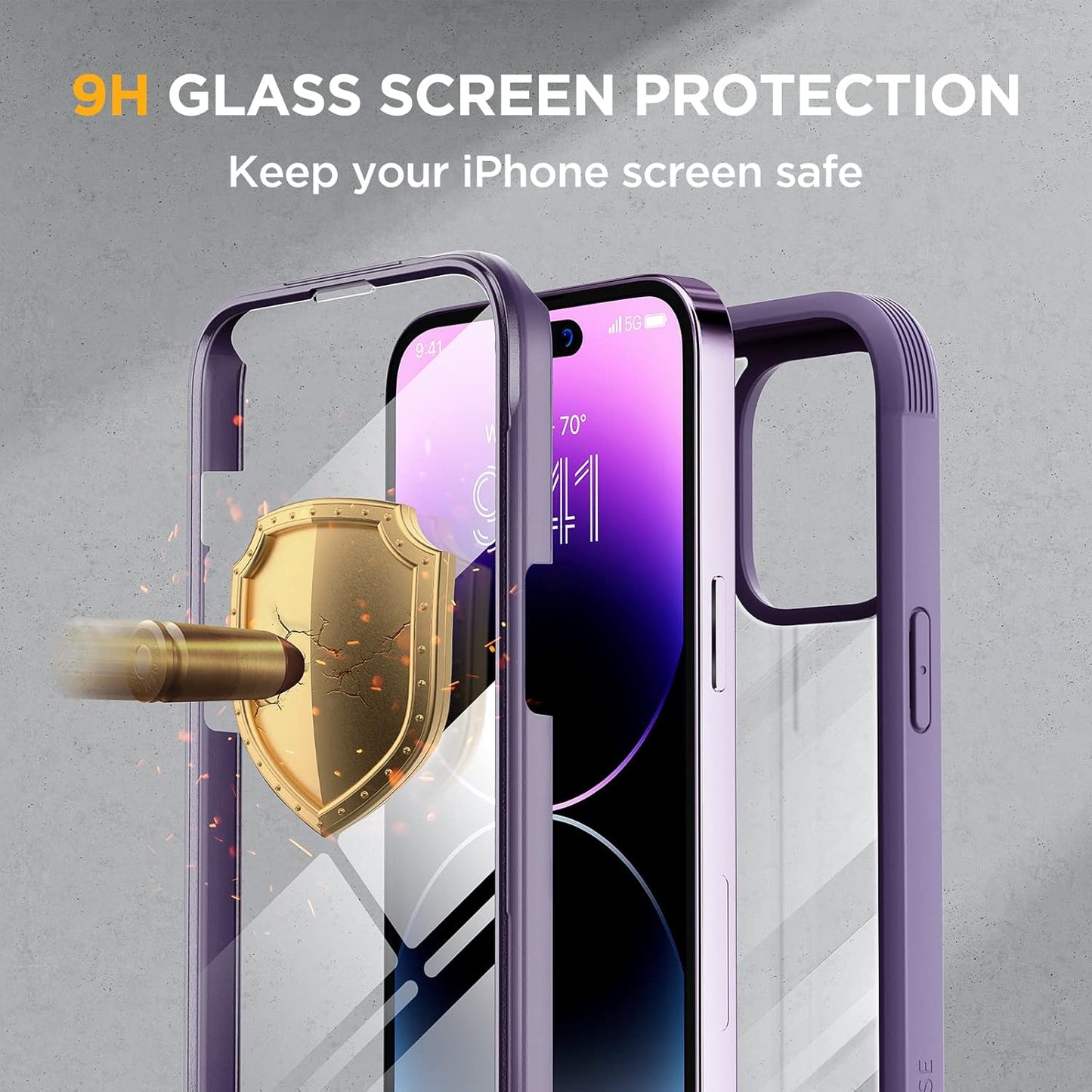 Miracase Glass Series Designed for iPhone 14 Pro Case 6.1 Inch, Upgrade Full-Body Bumper Case with Built-in 9H Tempered Glass Screen Protector, with Camera Lens Protector, Dark Purple