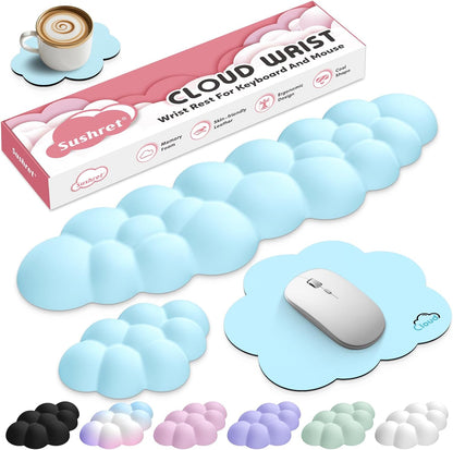 Cloud Wrist Rest for Computer Keyboard, 4-in-1 Memory Foam Leather Cloud Keyboard Wrist Rest and Mouse Pad Set with Ergonomic Support for Arm and Palm Cushion, Gaming/Work Setup, Blue